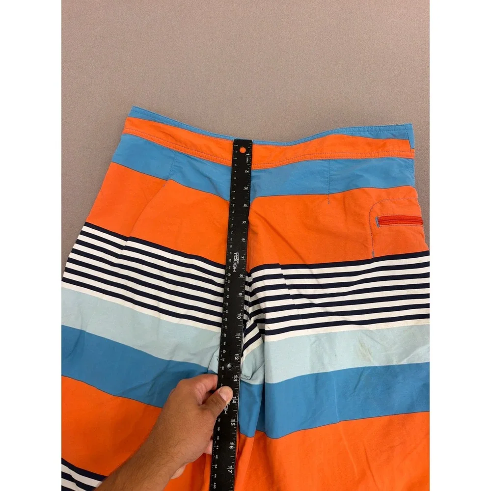 Patagonia Mens 32 Board Shorts Orange Blue Striped Swim Trunks 9 Inseam Nylon